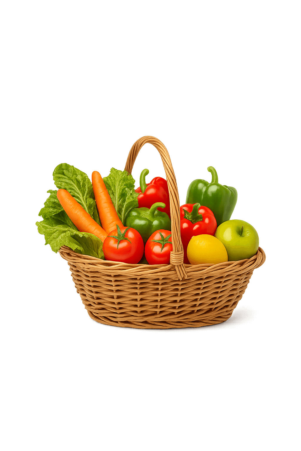 Canasta de mimbre con verduras y frutas frescas como zanahorias, tomates, pimientos, lechuga, limón y manzana / Wicker basket with fresh vegetables and fruits such as carrots, tomatoes, bell peppers, lettuce, lemon and apple