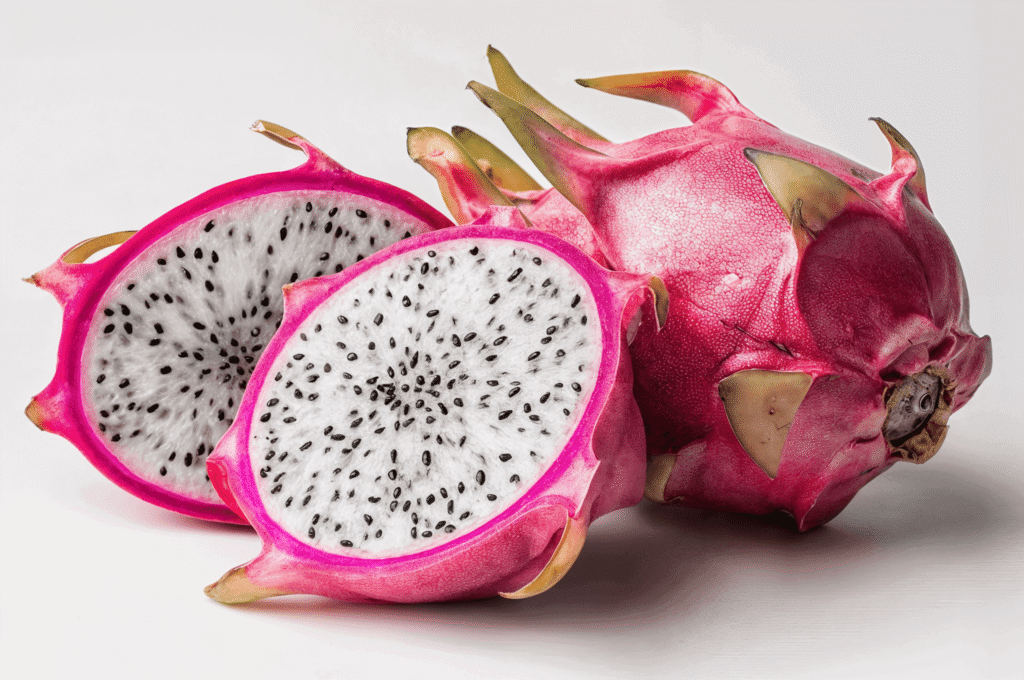 Pitahaya ecuatoriana (dragon fruit), fruta tropical cactus de pulpa blanca con semillas negras, rica en antioxidantes y popular en mercados globales / Ecuadorian pitahaya (dragon fruit), tropical cactus fruit with white flesh and black seeds, rich in antioxidants and popular in global markets