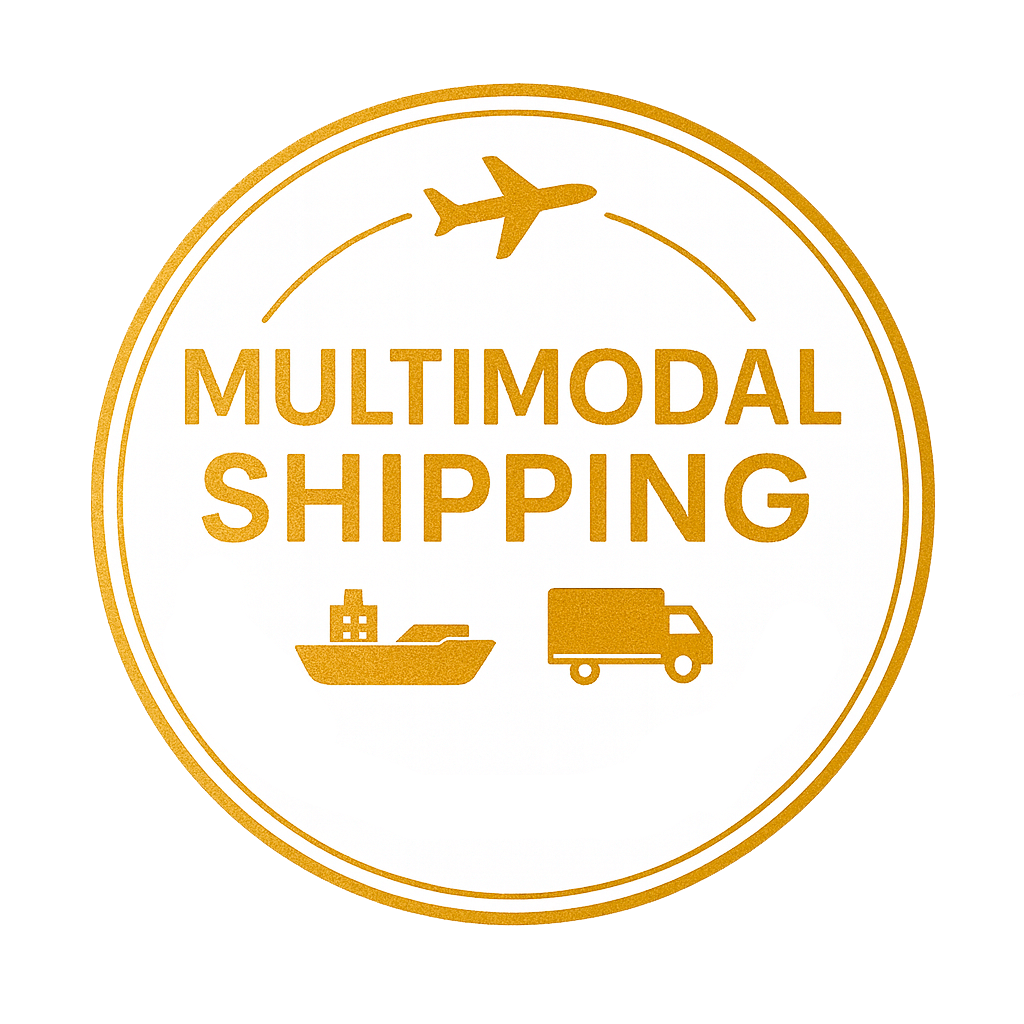 Sello dorado de logística multimodal con avión, barco y camión / Gold badge of multimodal shipping with airplane, ship and truck