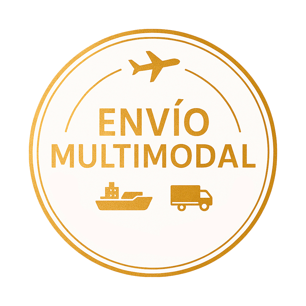 Sello dorado de envío multimodal con avión, barco y camión / Gold badge of multimodal shipping with airplane, ship and truck