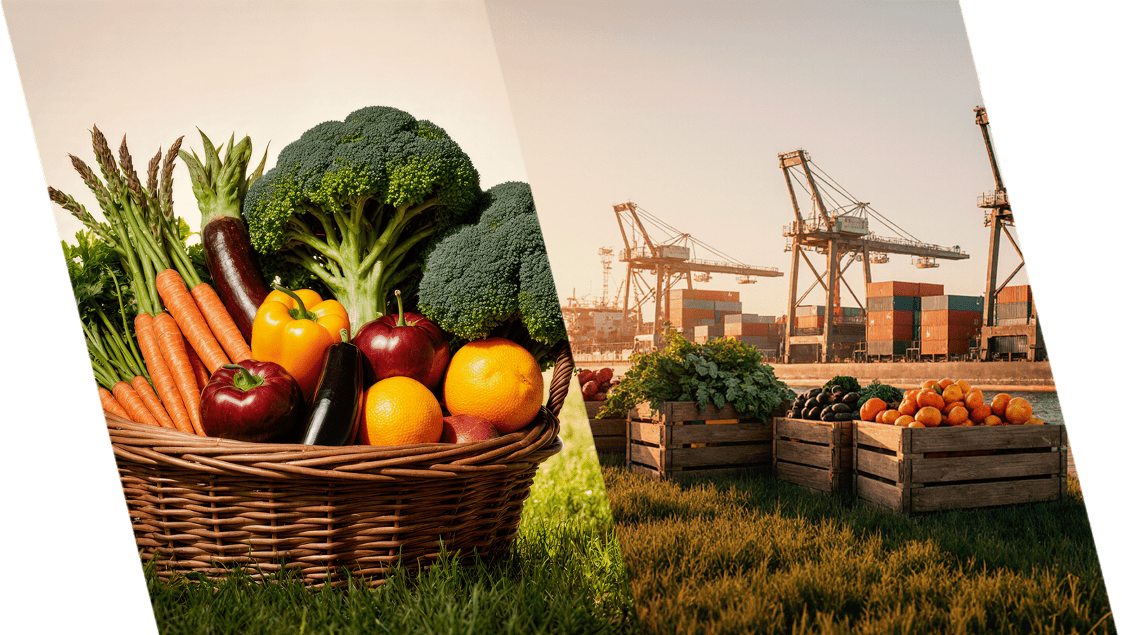 Canasta y cajas de frutas y verduras frescas en un puerto con grúas de carga y contenedores / Basket and crates of fresh fruits and vegetables at a port with cargo cranes and containers