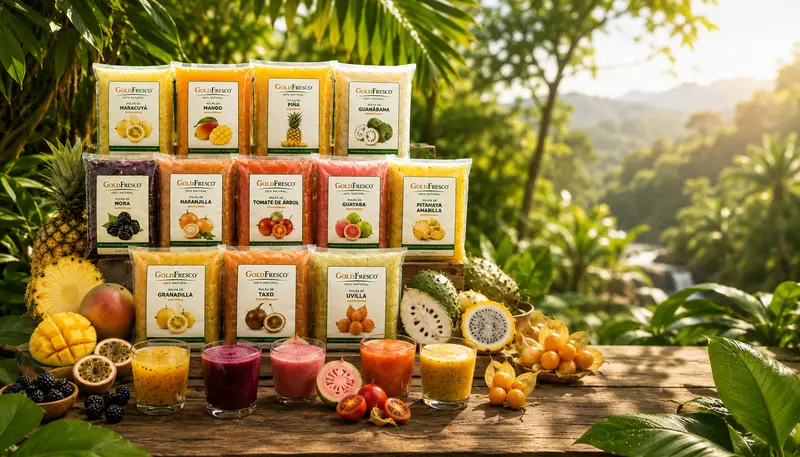 Variedad de pulpas de fruta GoldFresco elaboradas con fruta ecuatoriana